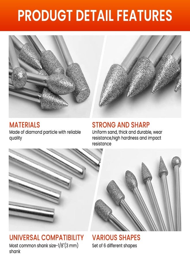 Serplex® 20Pcs Diamond Drill Bit Set, Stone Carving Rotary Tool Polishing Bits with 1/8-inch Shank, 6 Designs, Flat-faced Head, Spear Tip Bits, Ball Tips Bits, Tapered Bits, Round Bits, Oval Tips - Image 3